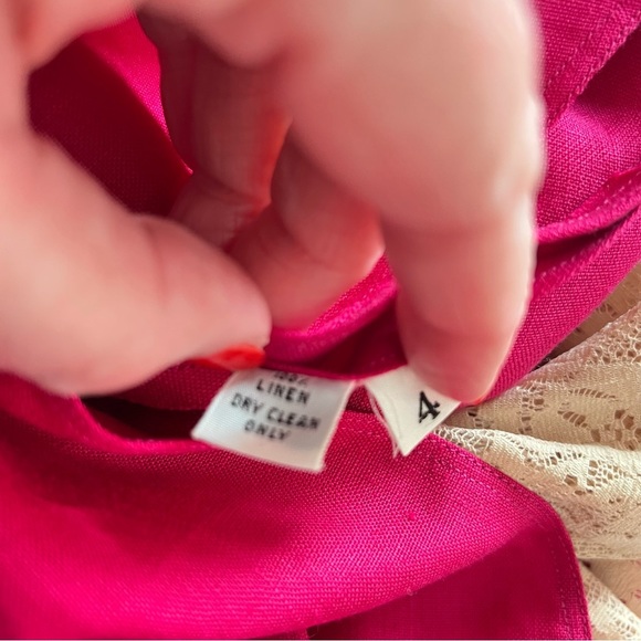 Vintage Pink V Neck Button Front Midi 100% Linen Dress Lace Slip Lining Large - Picture 4 of 15